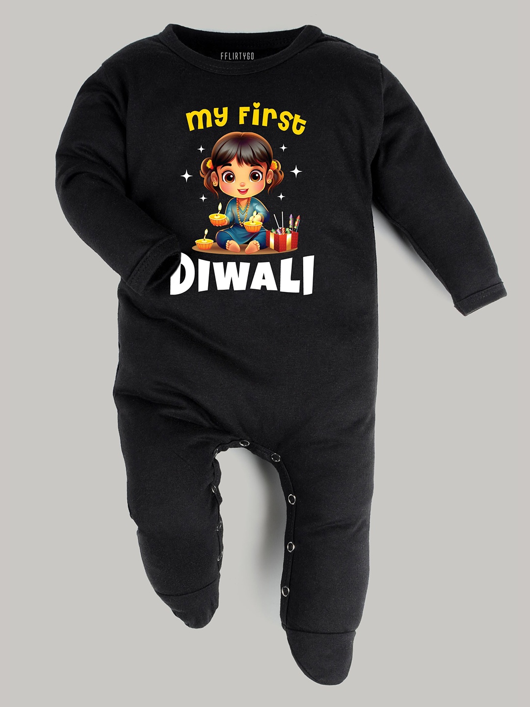 

FFLIRTYGO Infants Printed Diwali Pure Cotton Sleepsuit, Black