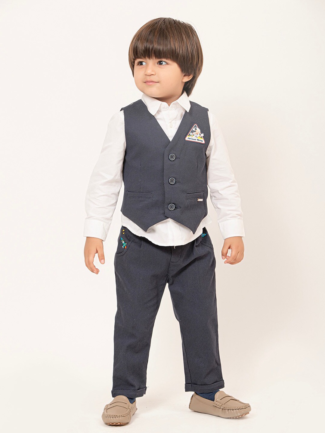 

One Friday Boys Checked Pure Cotton Shirt With Trousers & Waistcoat, Navy blue