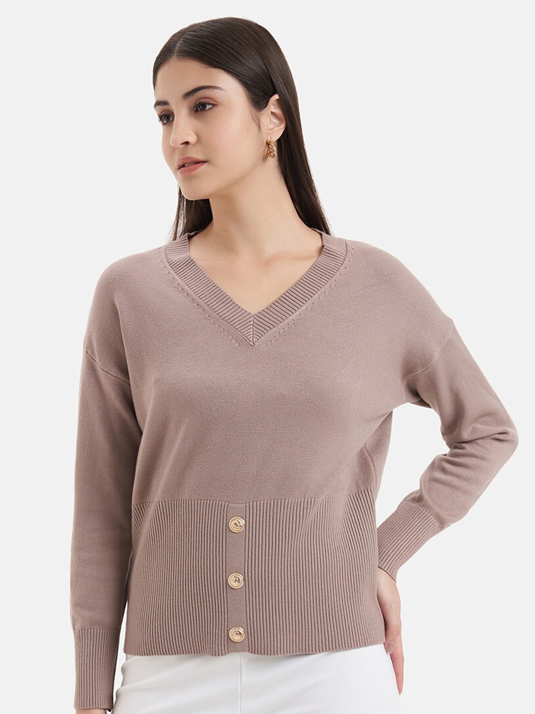 

Kazo V-Neck Long Sleeves Button Detail Pullover Sweater, Khaki