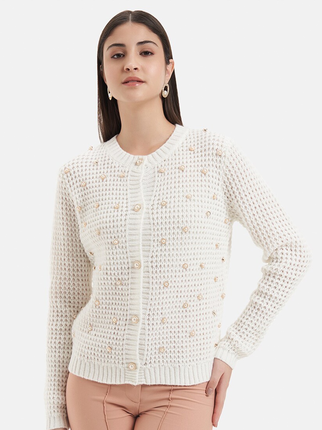 

Kazo Cable Knit Round Neck Long Sleeves Embellished Cardigan Sweater, White