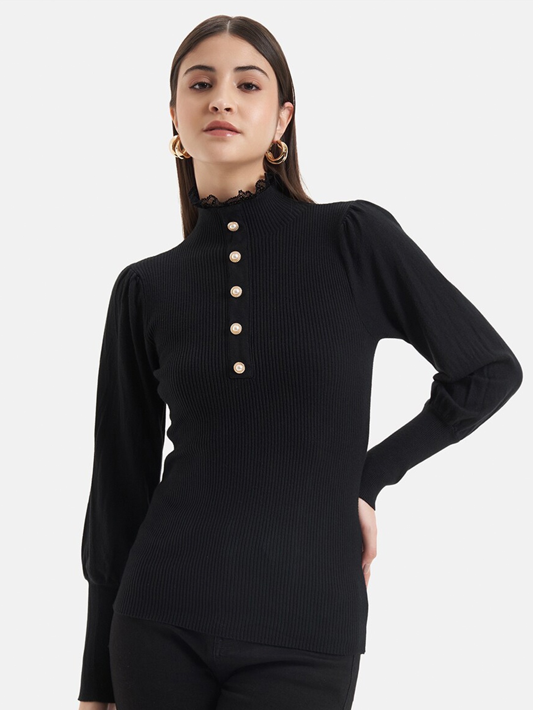 

Kazo Ribbed Mock Collar Long Sleeves Pullover Sweater, Black