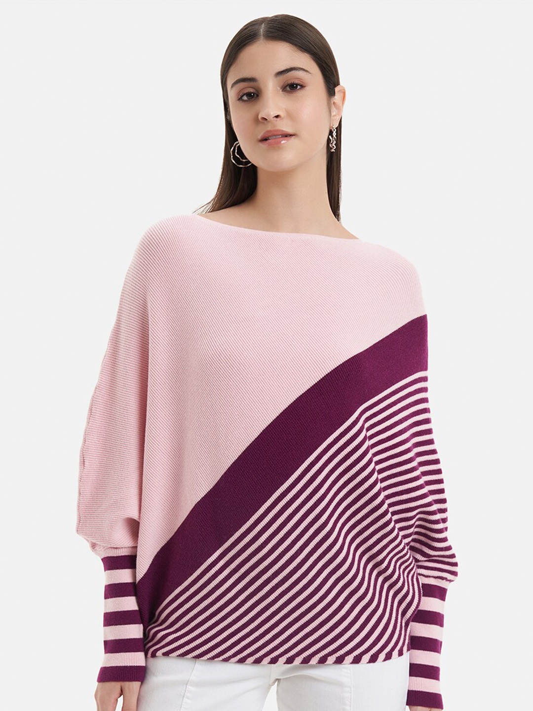 

Kazo Colourblocked Boat Neck Long Sleeves Pullover Sweater, Purple