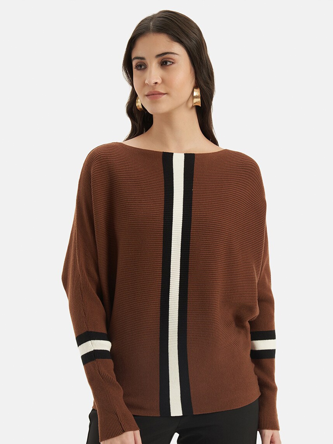 

Kazo Striped Boat Neck Long Sleeves Pullover Sweater, Coffee brown