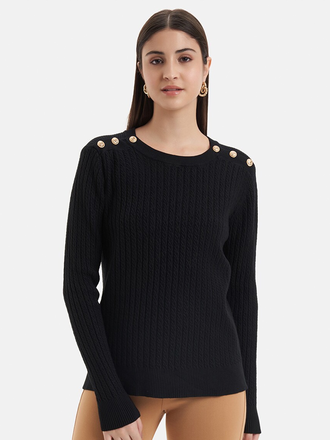 

Kazo Striped Button Detail Pullover, Black