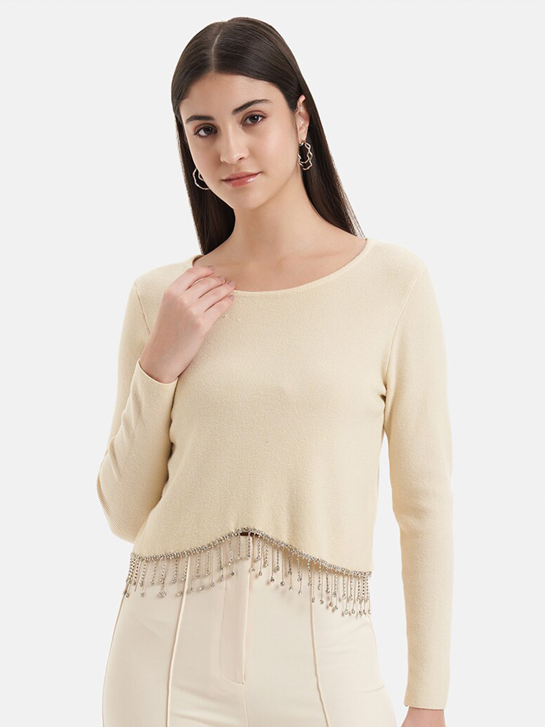 

Kazo Round Neck With Embellished Fringes Crop Top, Beige