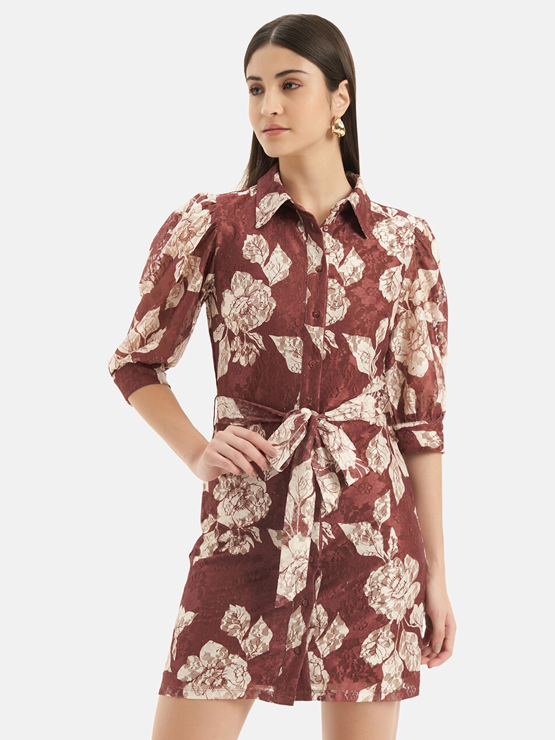 

Kazo Floral Printed Lace Shirt Style Mini Dress, Brown