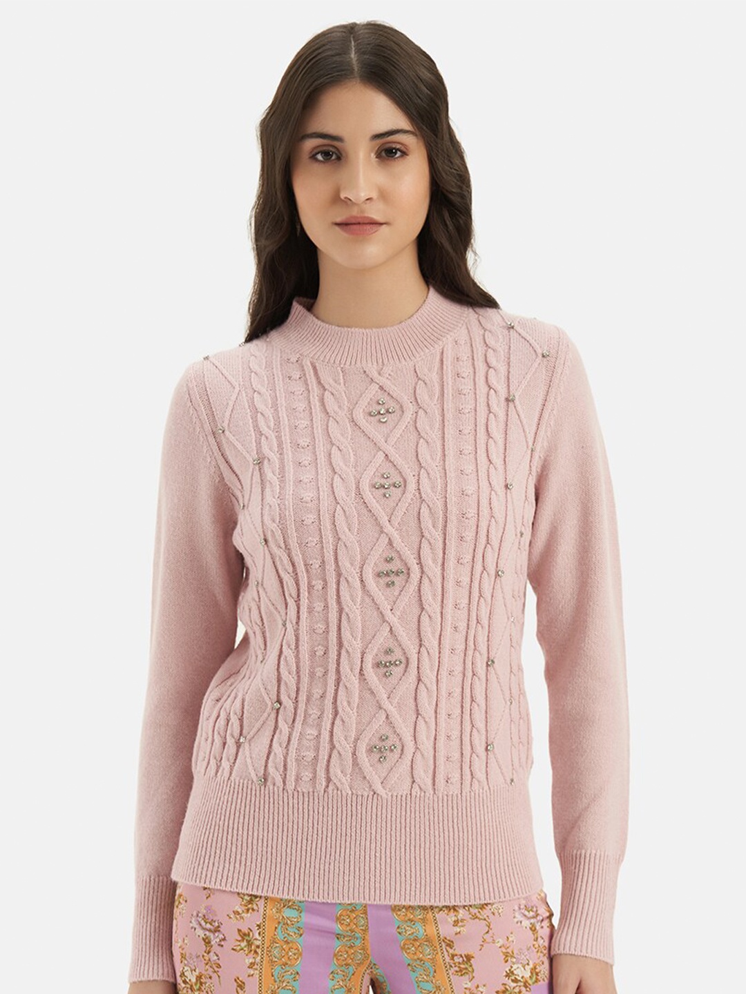 

Kazo Cable Knit Self Design Embellished Detailed Pullover, Pink