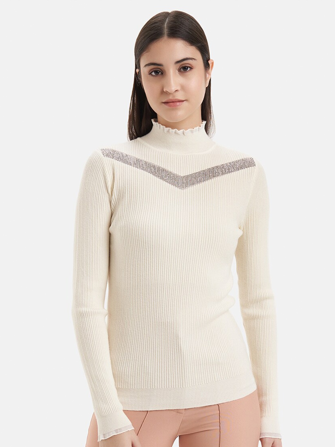 

Kazo Ribbed High Neck Embellished Detailed Pullover, Off white