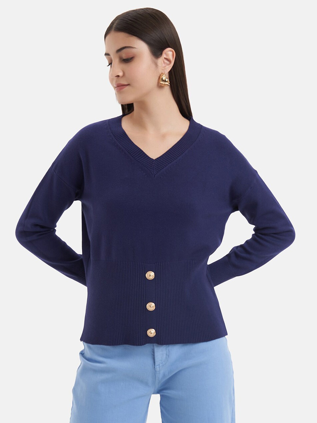 

Kazo Ribbed V-Neck Button Detail Pullover, Navy blue