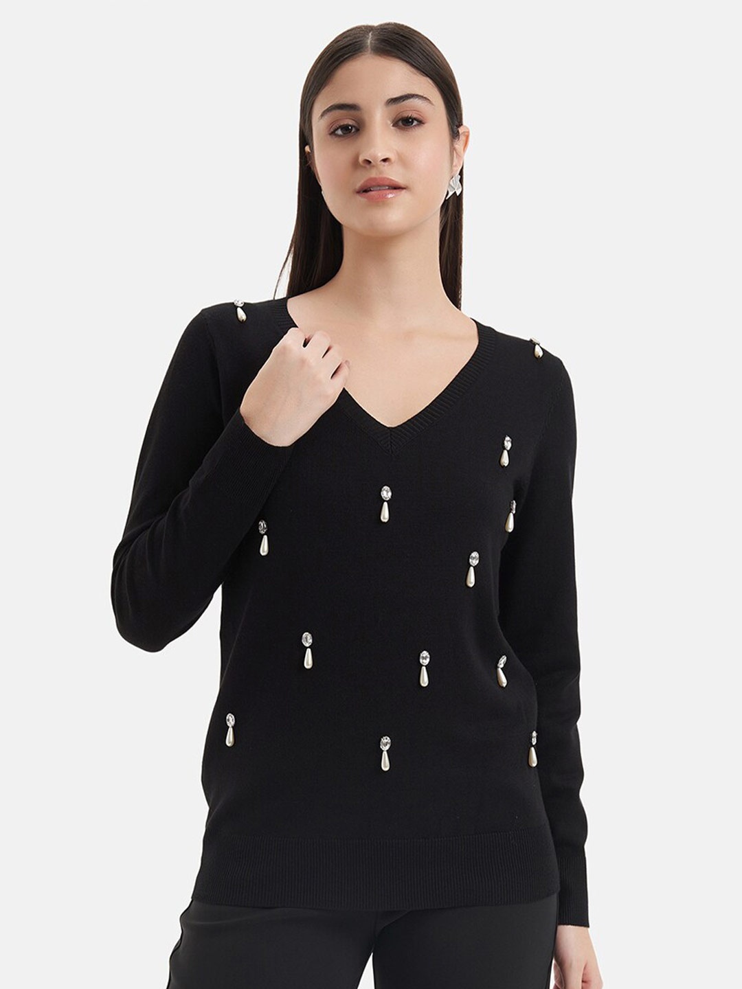 

Kazo Embellished V-Neck Pullover, Black