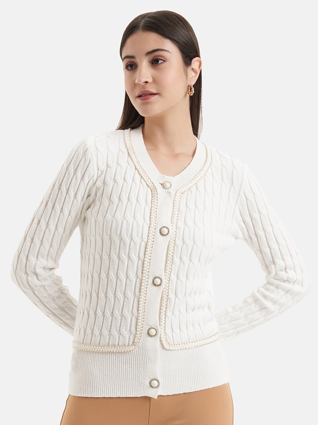 

Kazo Cable Knit Self Design V-Neck Cardigan, White