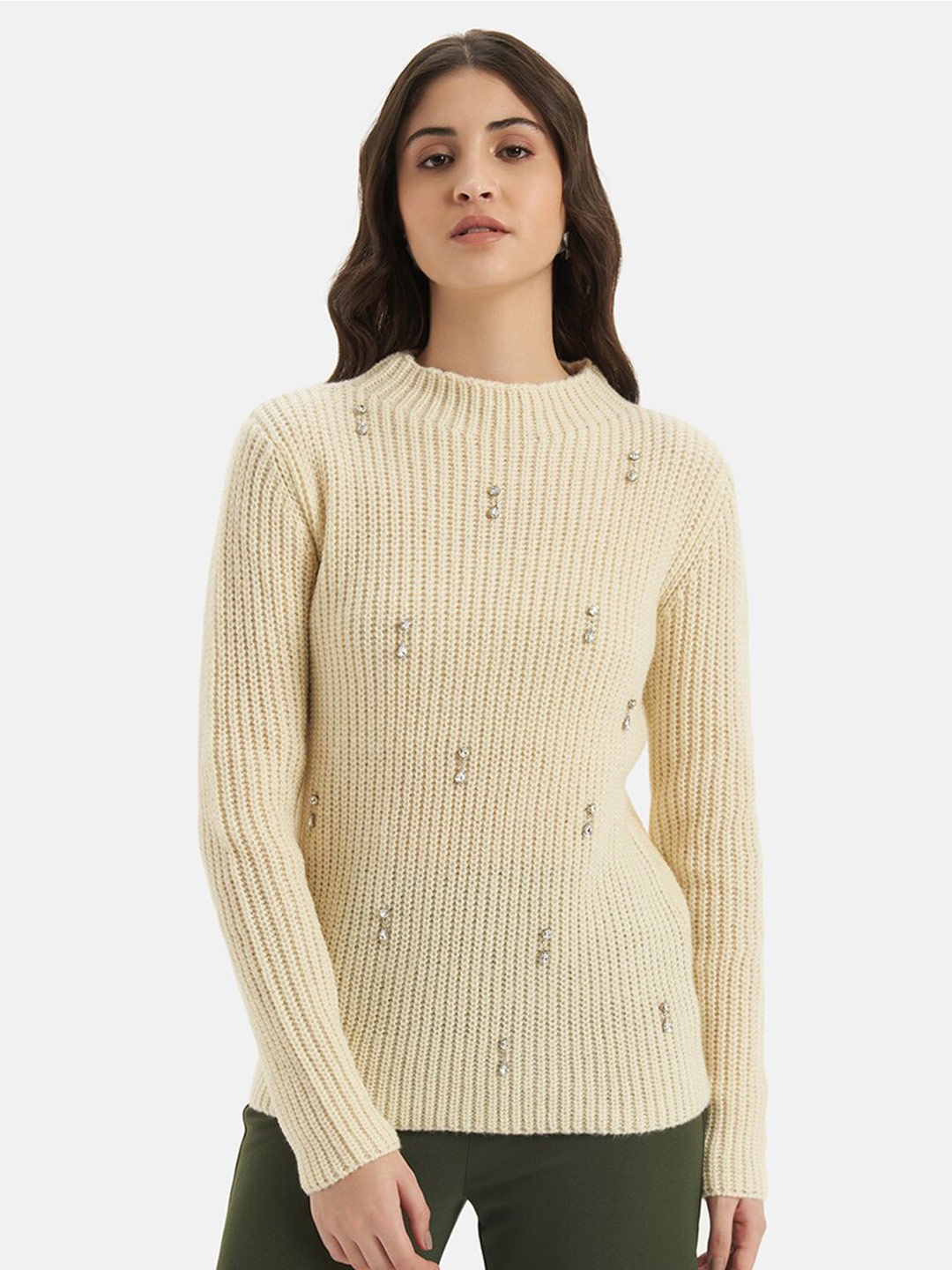 

Kazo Open Knit Mock Collar Long Sleeves Embellished Pullover Sweater, Off white