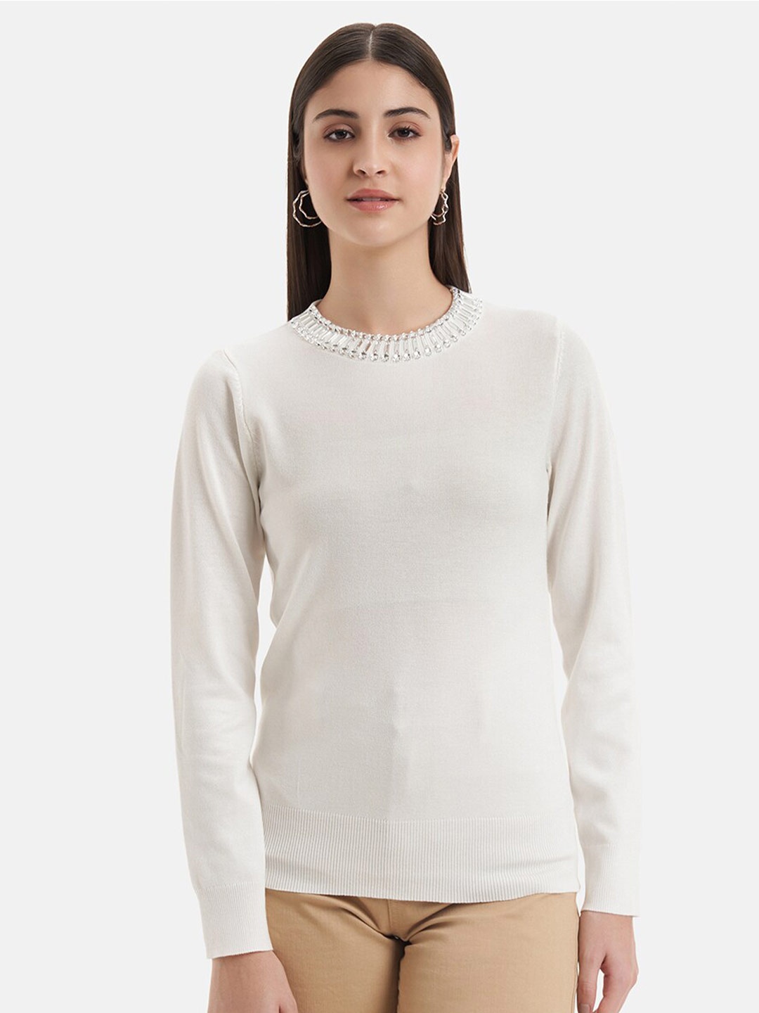 

Kazo Pullover Sweater with Embellished Detail, White