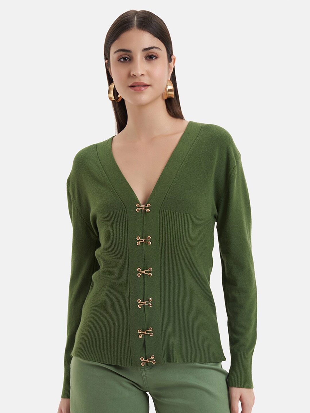 

Kazo V-Neck Ribbed Cardigan Sweater, Olive