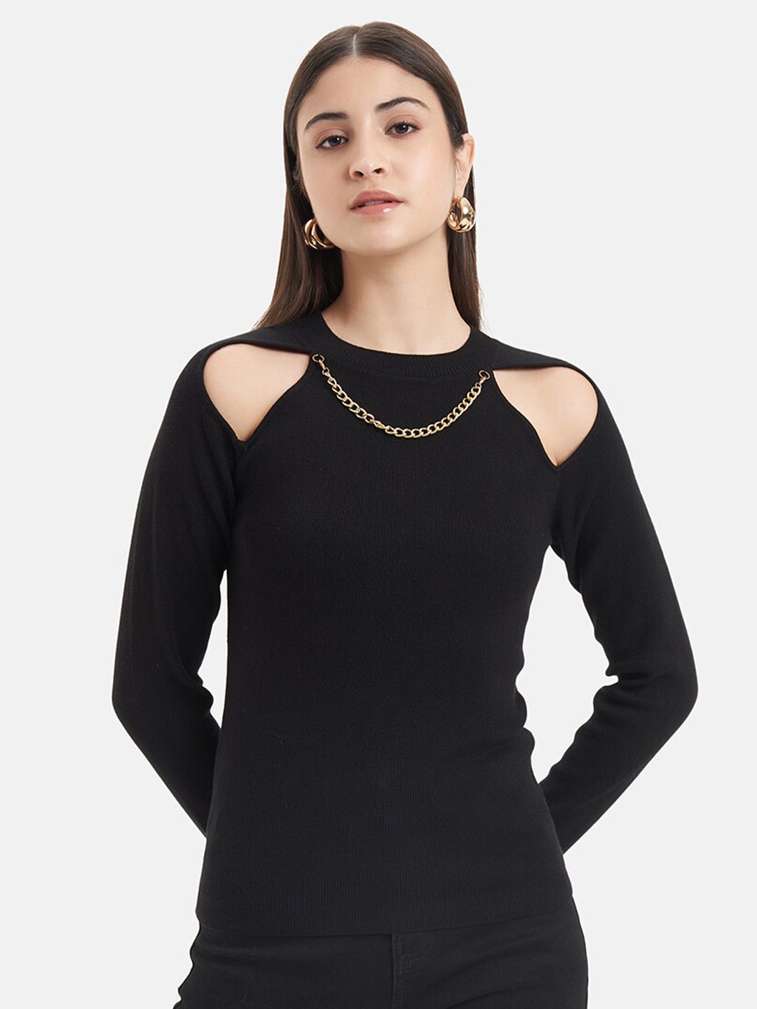 

Kazo Cut-Out Pullover Sweater with Embellished Detail, Black