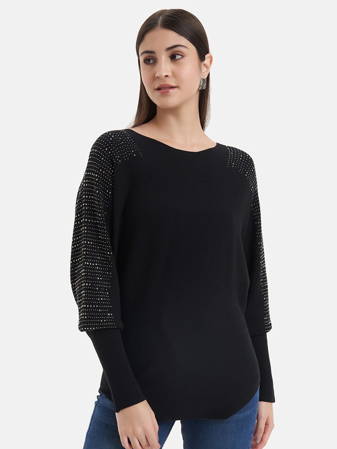 

Kazo Boat Neck Embellished Detailed Pullover, Black