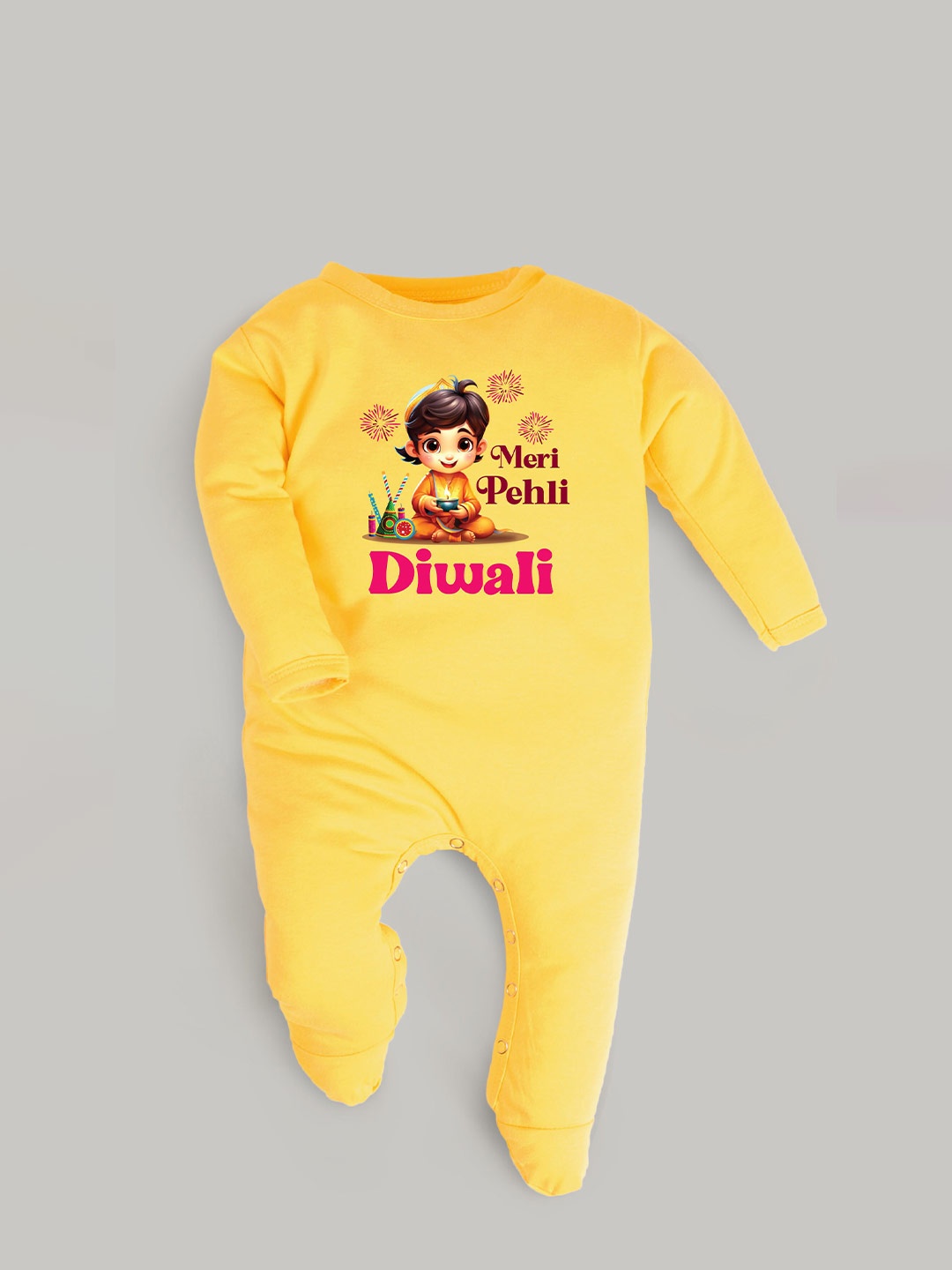 

FFLIRTYGO Infants Printed Diwali Pure Cotton Sleepsuit, Yellow