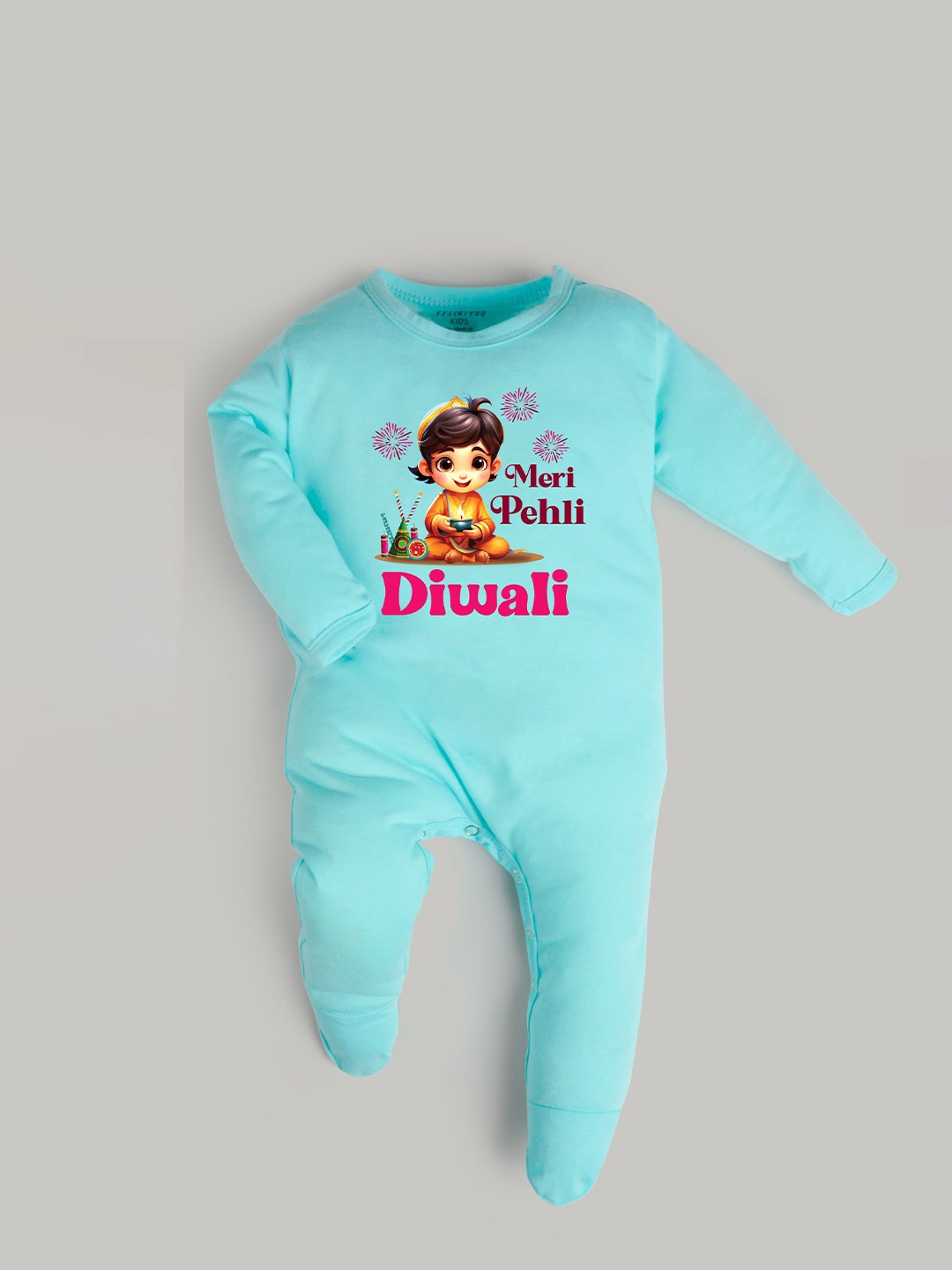 

FFLIRTYGO Infants Printed Diwali Pure Cotton Sleepsuit, Blue
