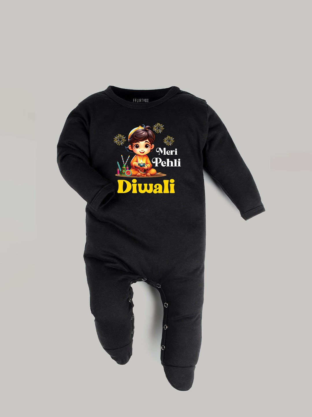 

FFLIRTYGO Infants Printed Diwali Pure Cotton Sleepsuit, Black