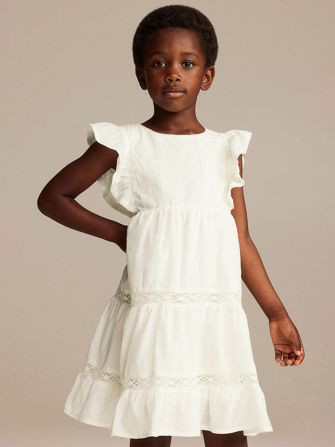 

H&M Girls Flounced Lace-Trim Dress, White