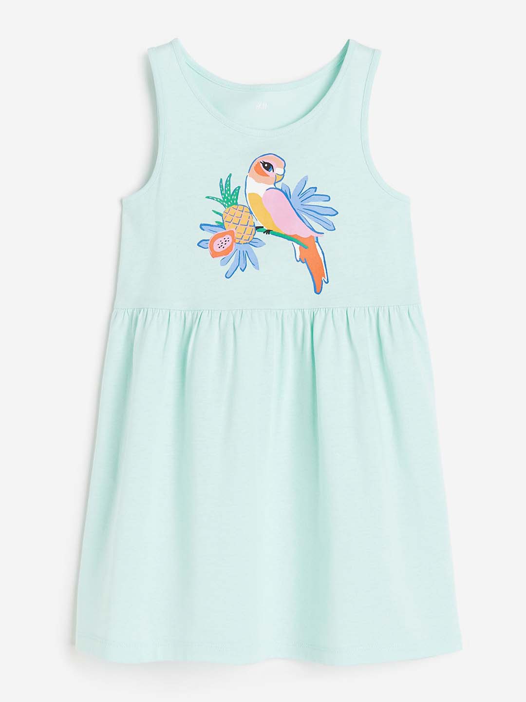 

H&M Girls Patterned Jersey Pure Cotton Dress, Turquoise blue