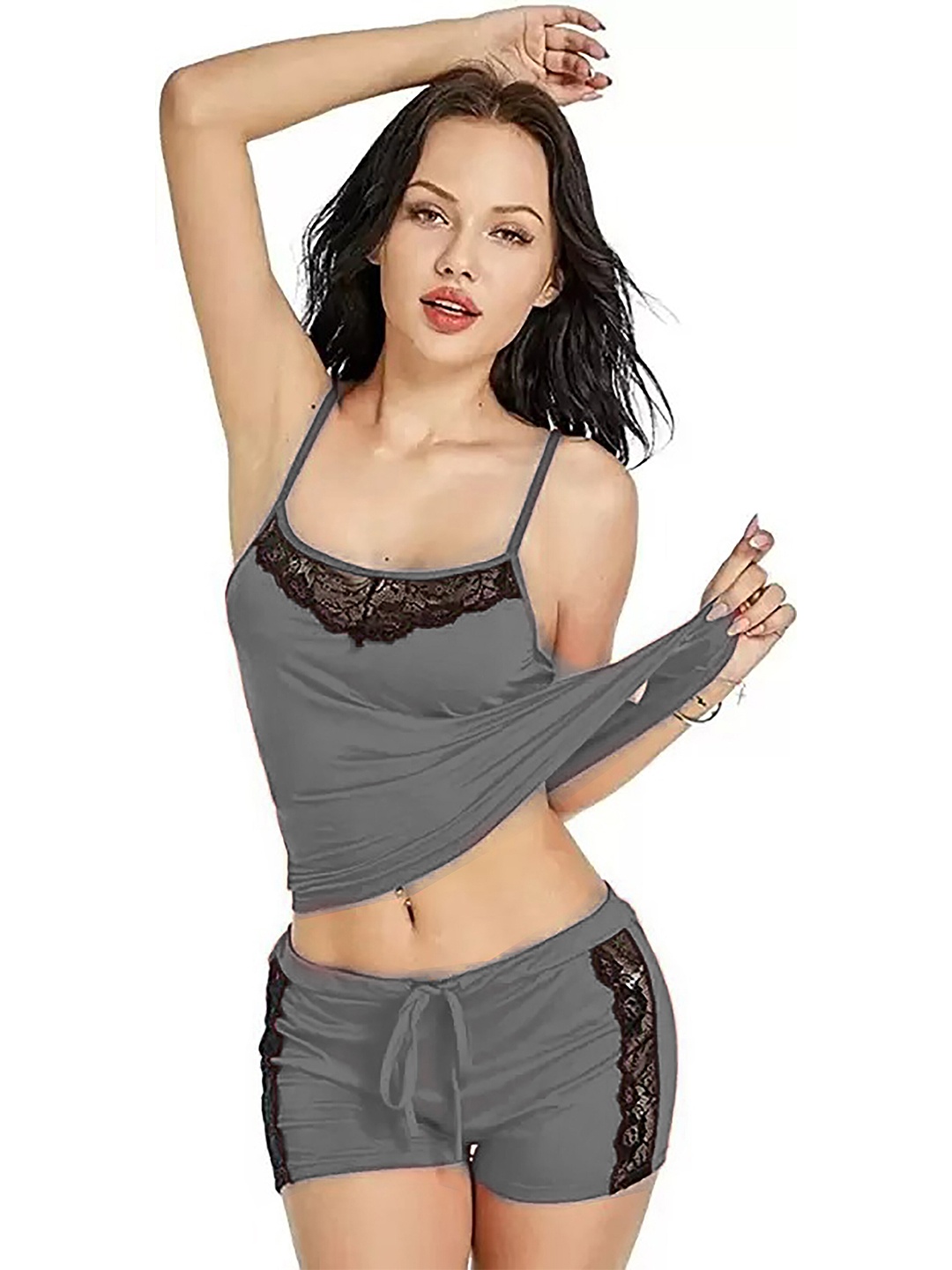 

PIBU Self Design Shoulder Straps Net Lingerie Set, Grey