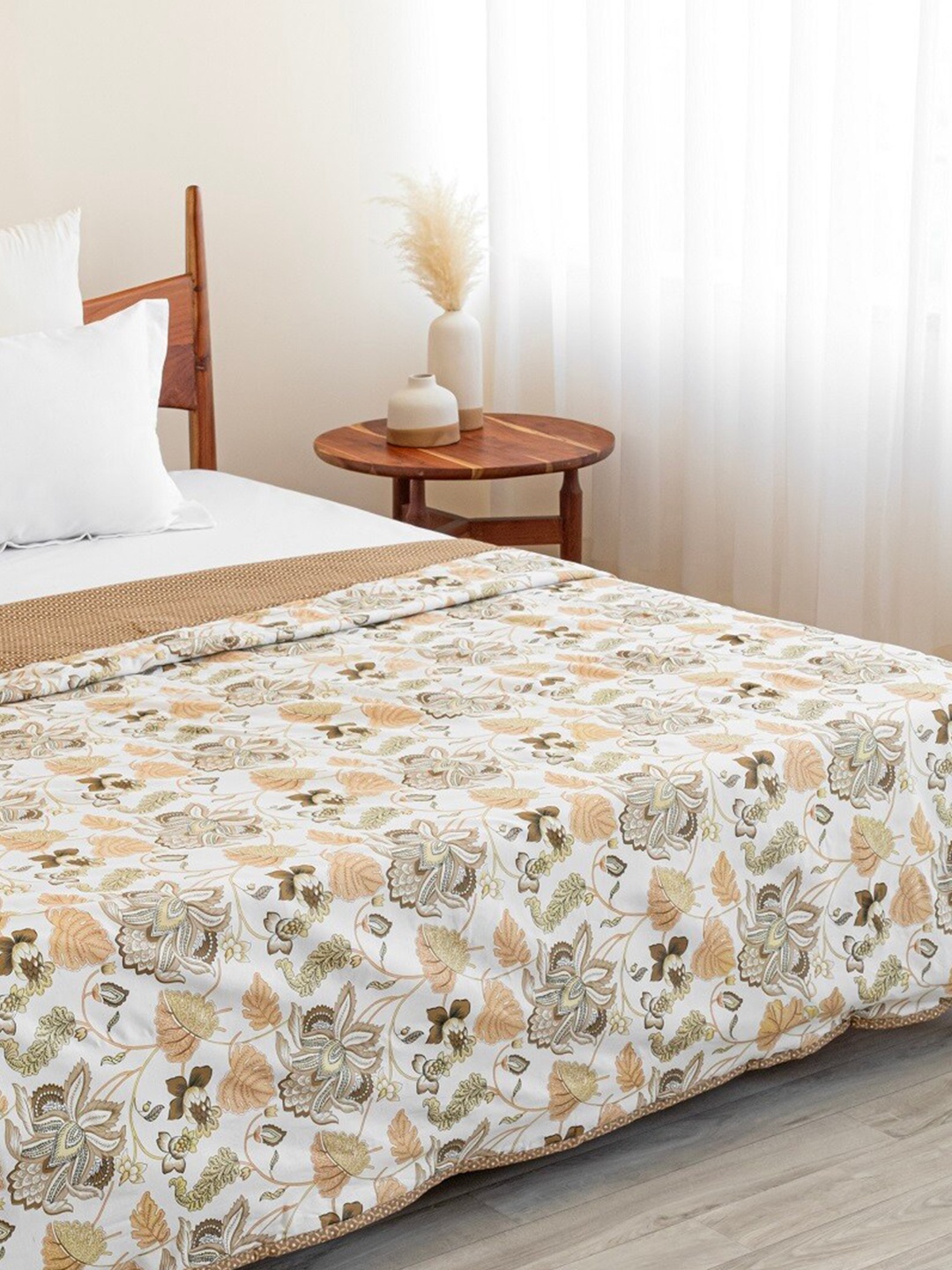 

HOMEMONDE White & Brown Floral AC Room Cotton 150 GSM Reversible Double Bed Dohar