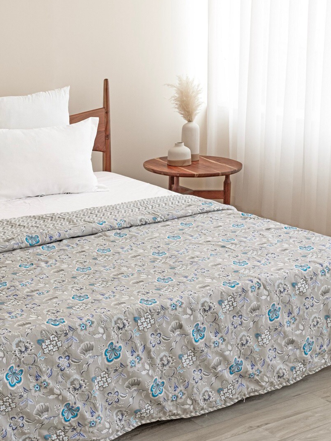 

HOMEMONDE Grey & Blue Ethnic Motifs AC Room Cotton 150 GSM Reversible Single Bed Dohar