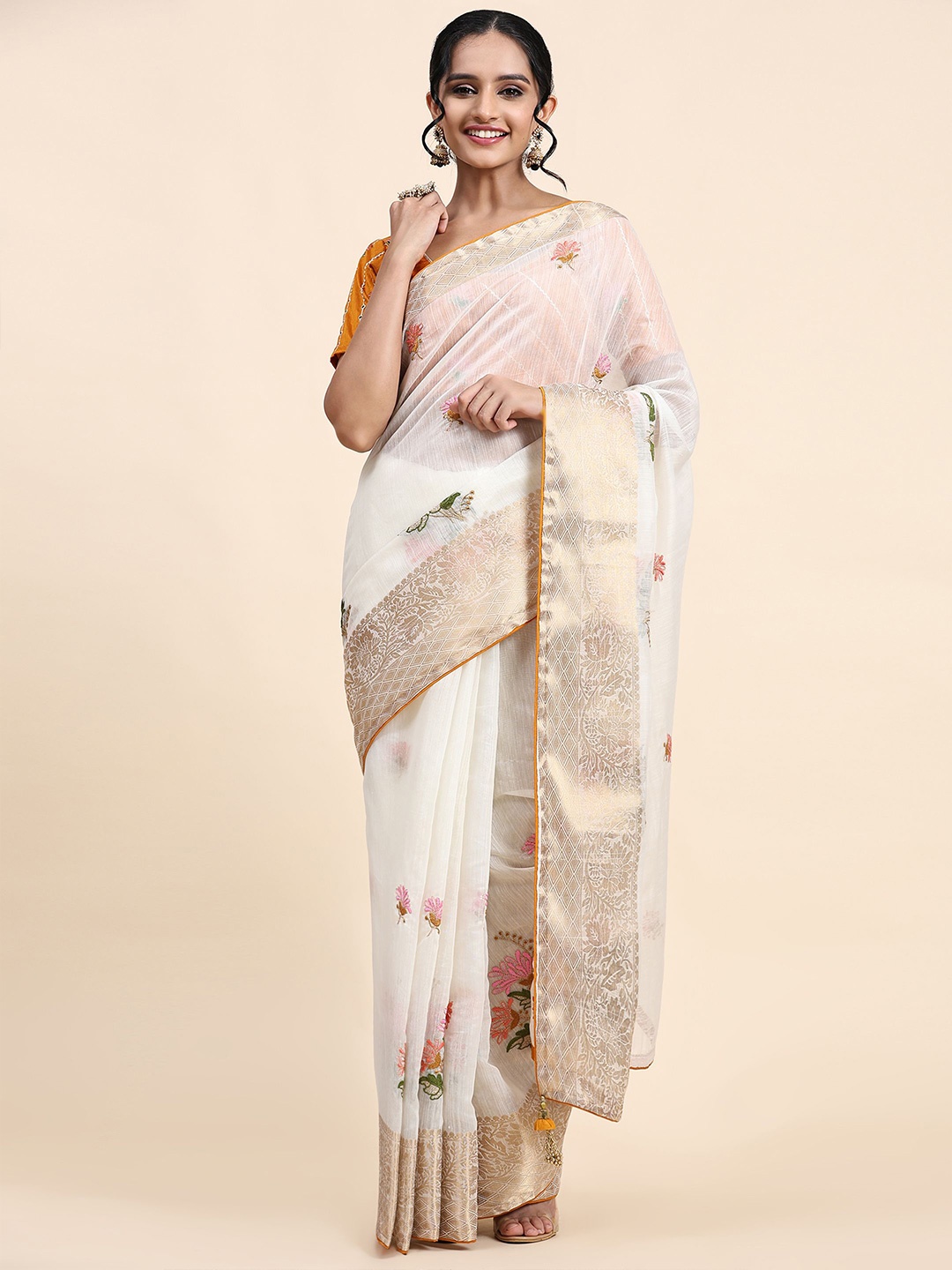 

RACHNA Floral Embroidered Zari Silk Cotton Saree, Yellow