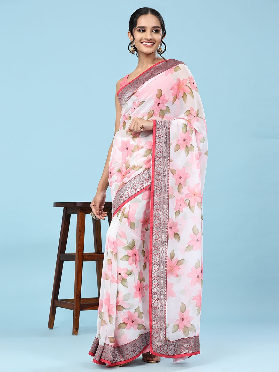 RACHNA Floral Printed Zari Saree, Pink