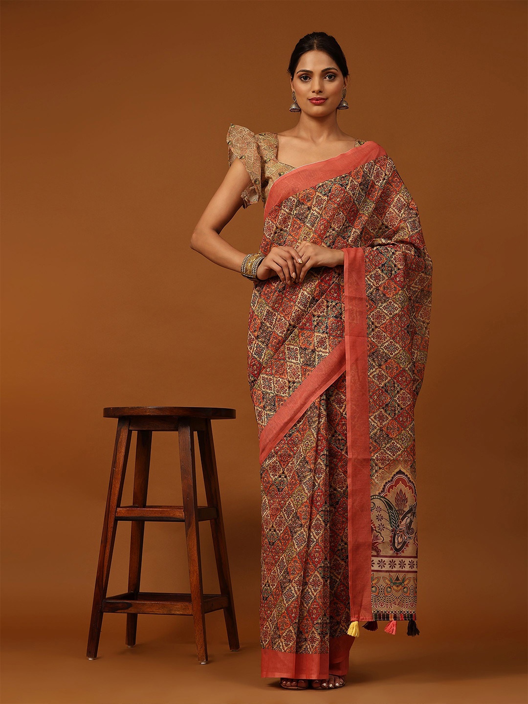 

RACHNA Ethnic Motifs Printed Chanderi Saree, Peach