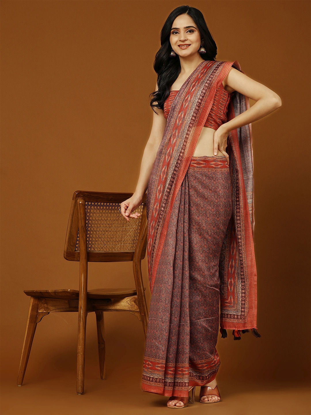 

RACHNA Paisley Printed Chanderi Saree, Orange