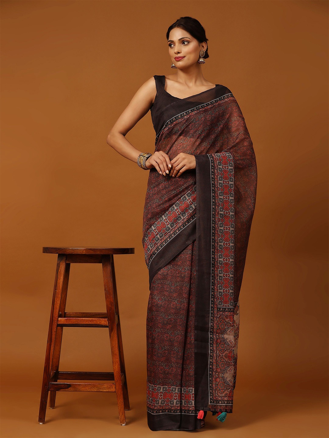 

RACHNA Ethnic Motifs Printed Chanderi Saree, Brown