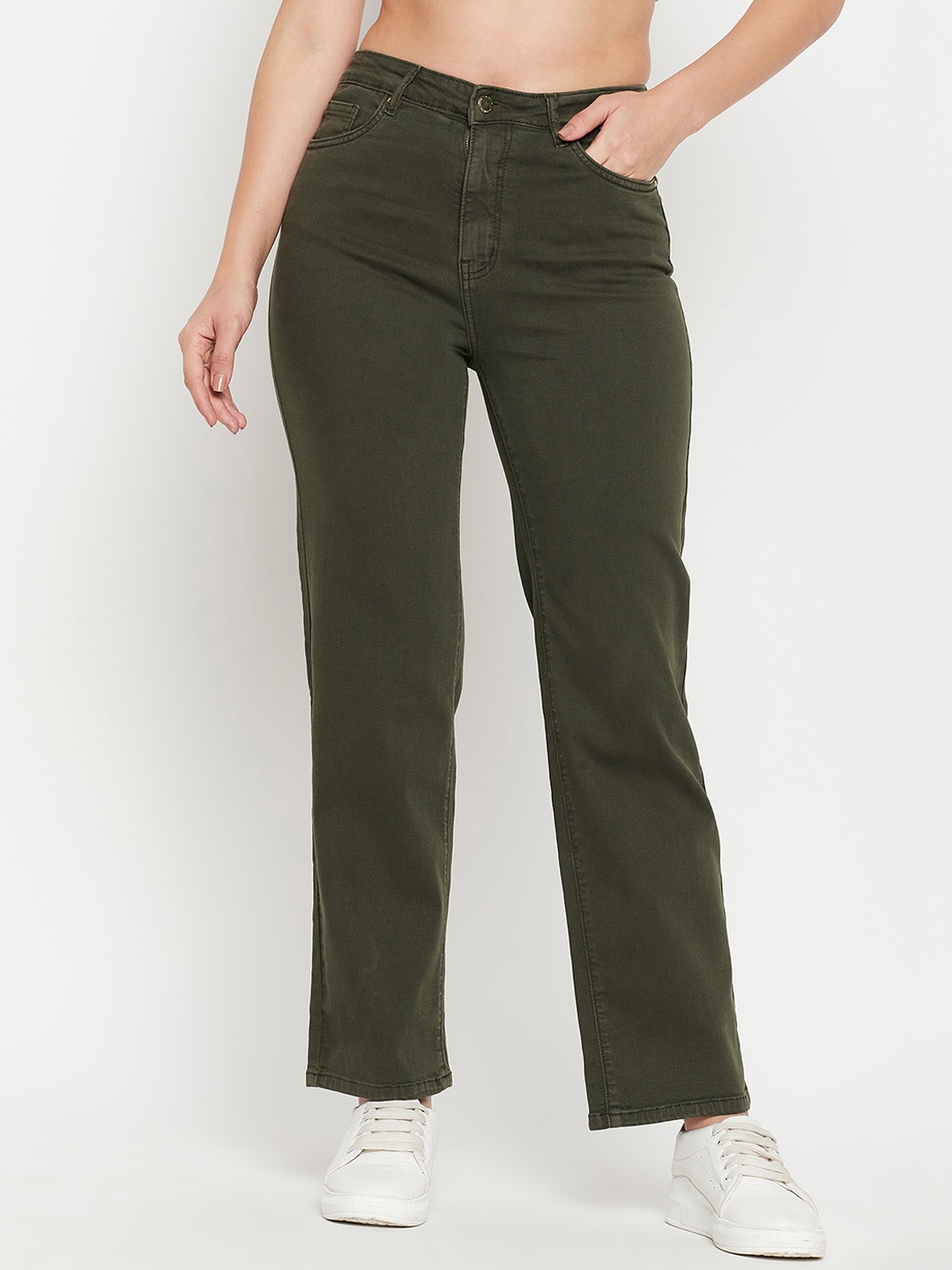 

Madame Women Straight Fit High-Rise Coloured Shade Clean Look Cotton Jeans, Olive