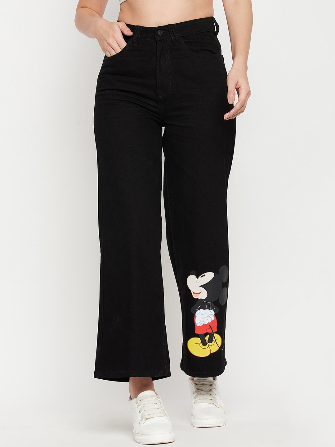 

Madame Women Wide Leg Mickey Mouse Printed Comfort Cotton Jeans, Black