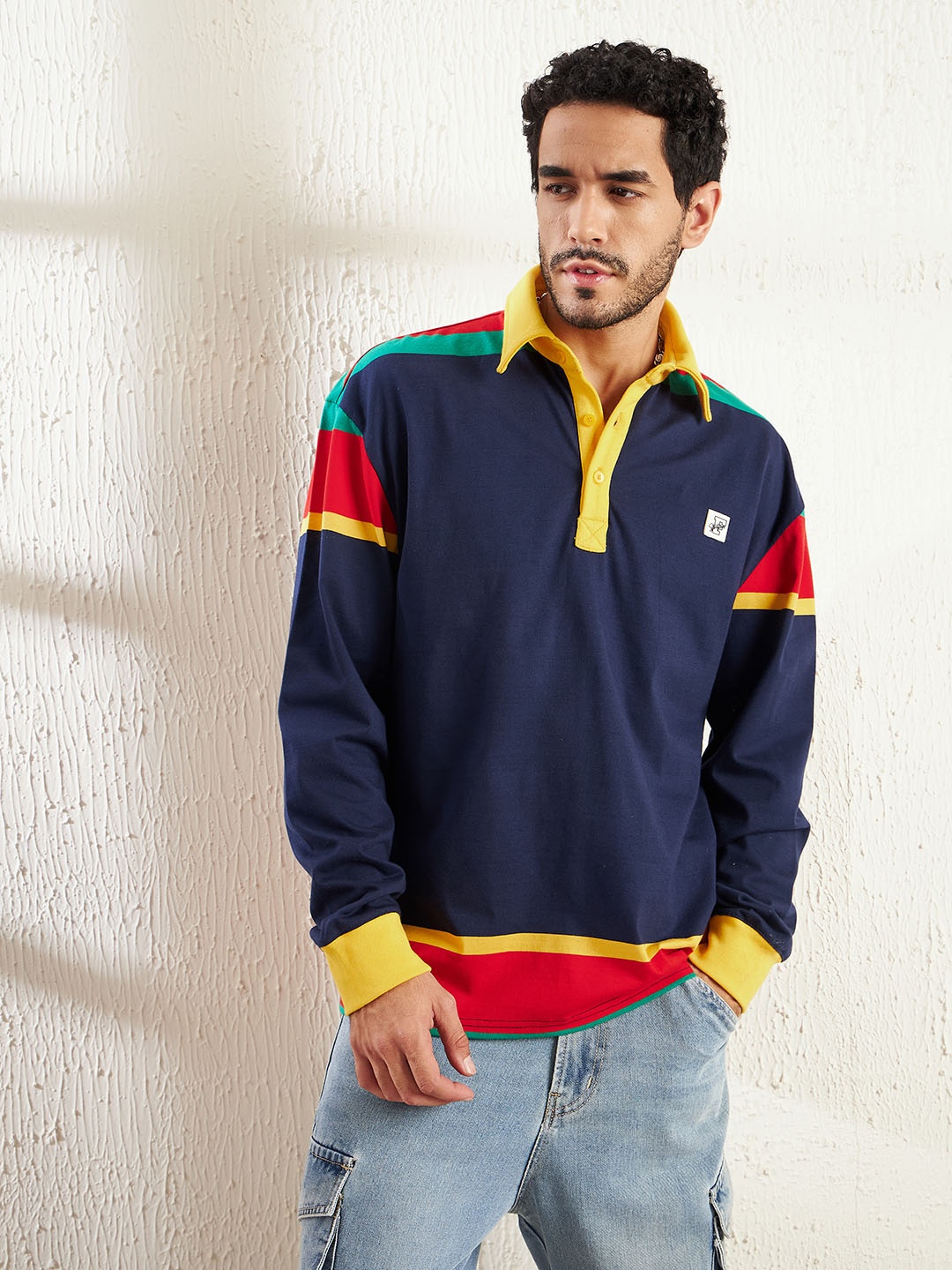 

FUGAZEE Blue Striped Polo Collar Oversized T-shirt