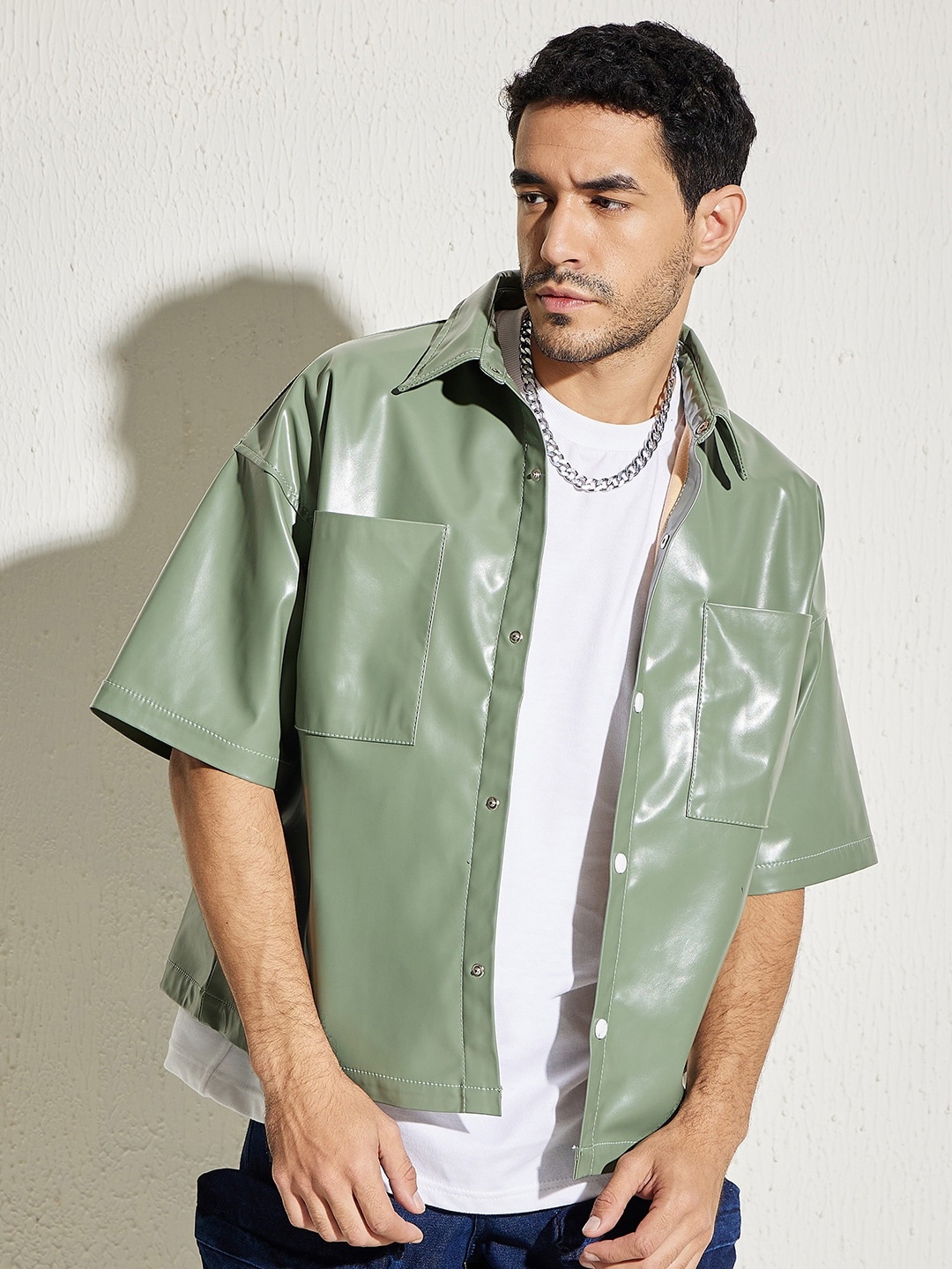 

FUGAZEE Olive Green Relaxed Oversized Spread Collar PU Casual Shacket
