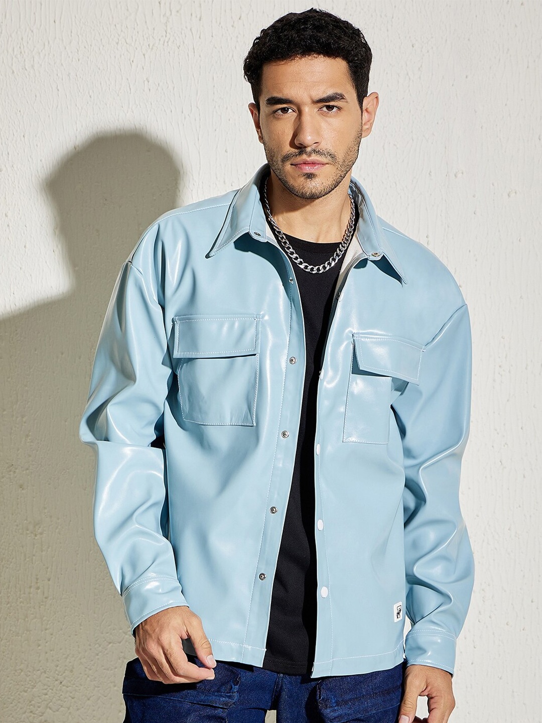 

FUGAZEE Men Blue Relaxed Oversized Spread Collar PU Casual Shirt
