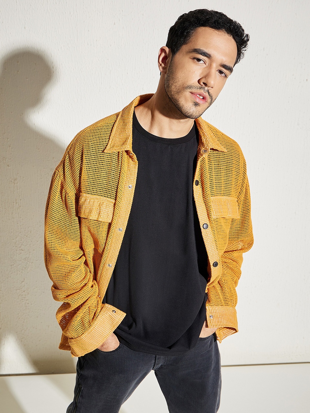 

FUGAZEE Men Mustard Relaxed Oversized Lace Sheer Cotton Casual Shirt