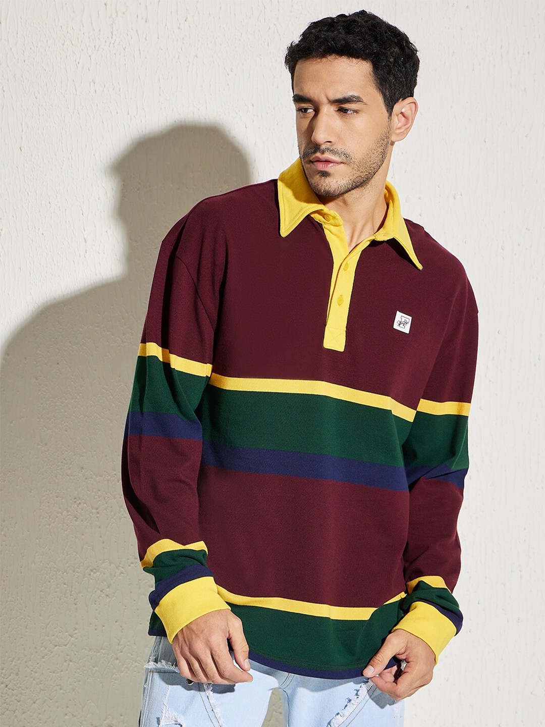 

FUGAZEE Maroon Striped Polo Collar Oversized T-shirt