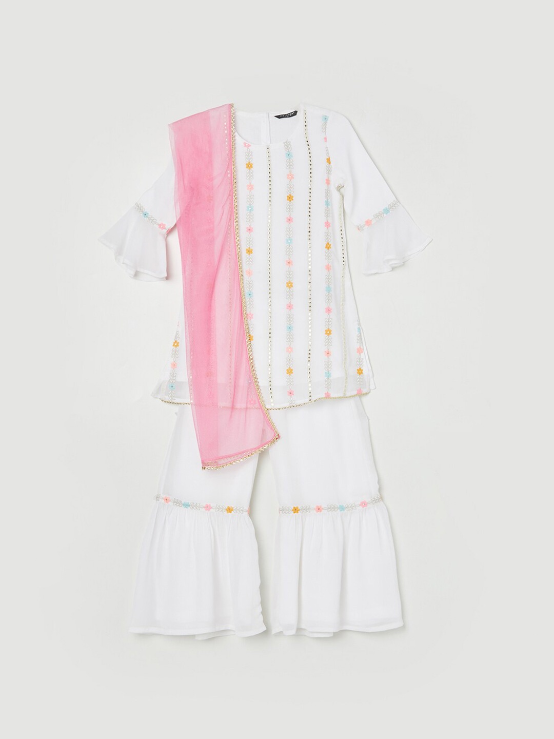 

Melange by Lifestyle Girls Floral Embroidered Mirror Work Kurta With Sharara & Dupatta, White