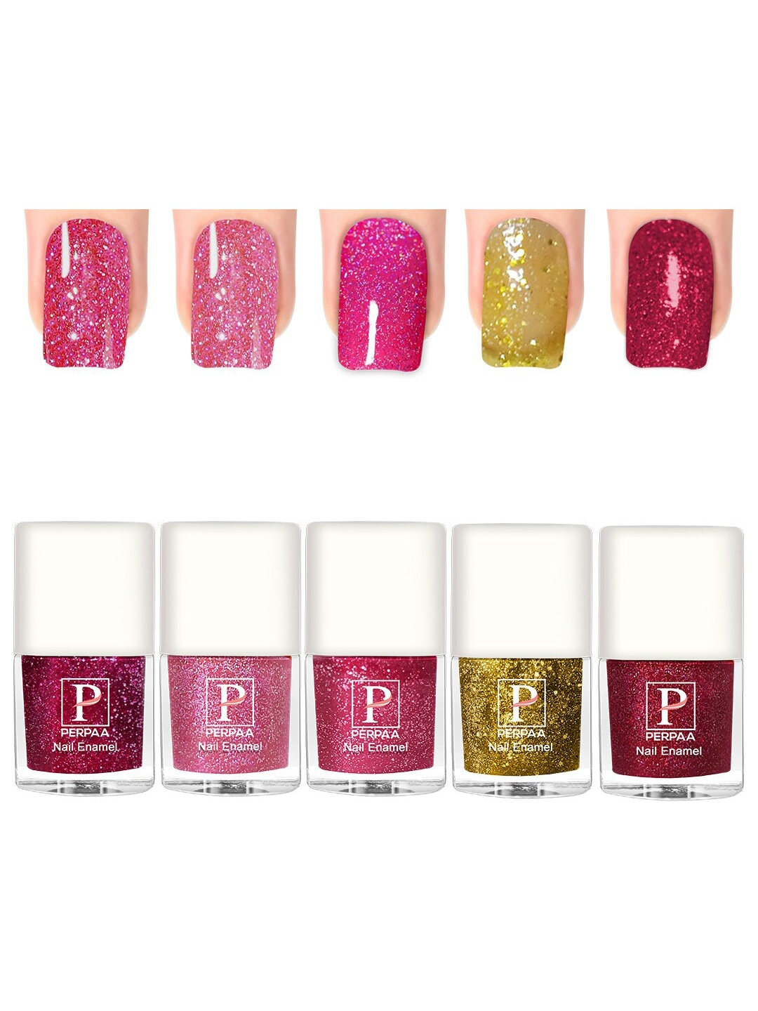 

PERPAA Set Of 5 Glitter Light Reflective UV Gel Sparkly Nail Polish - 5ml Each, Pink