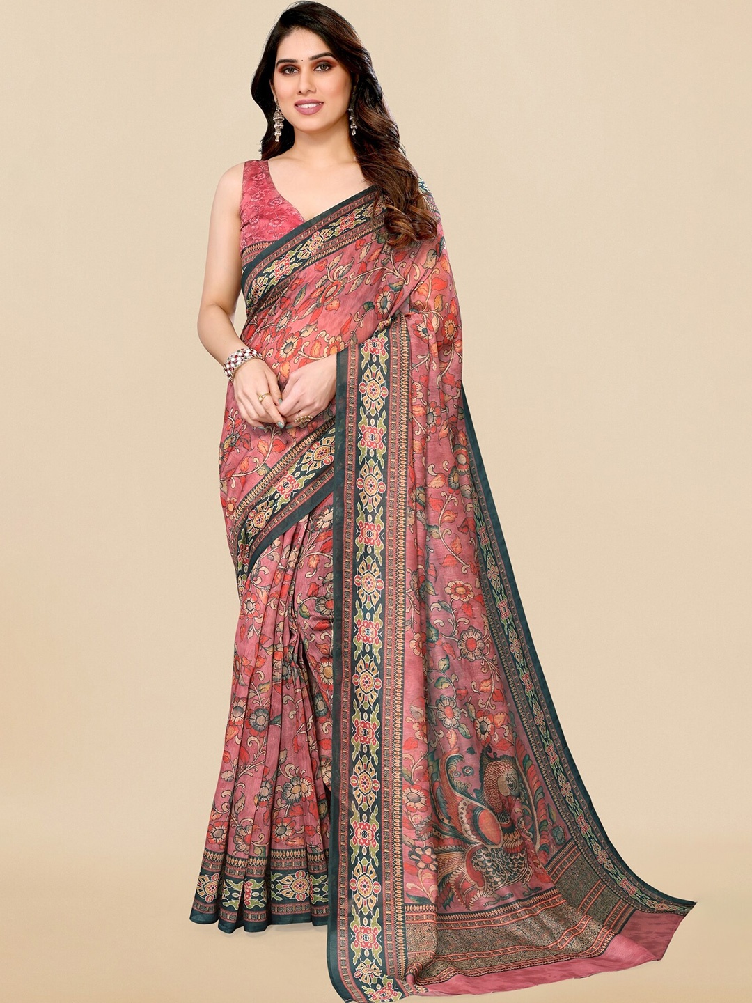 

MIRCHI FASHION Printed Kalamkari Saree, Pink