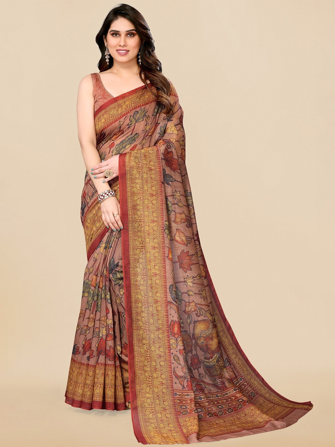 

MIRCHI FASHION Brown & Green Kalamkari Printed Saree