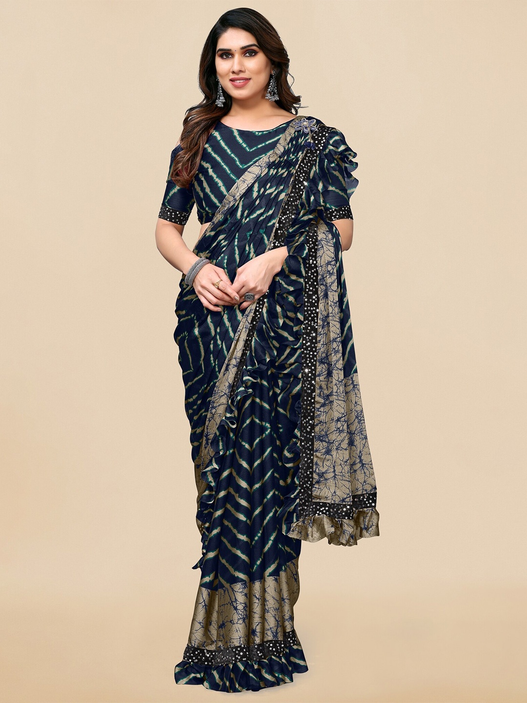 

MIRCHI FASHION Sequinned Leheriya Ruffled Saree, Navy blue
