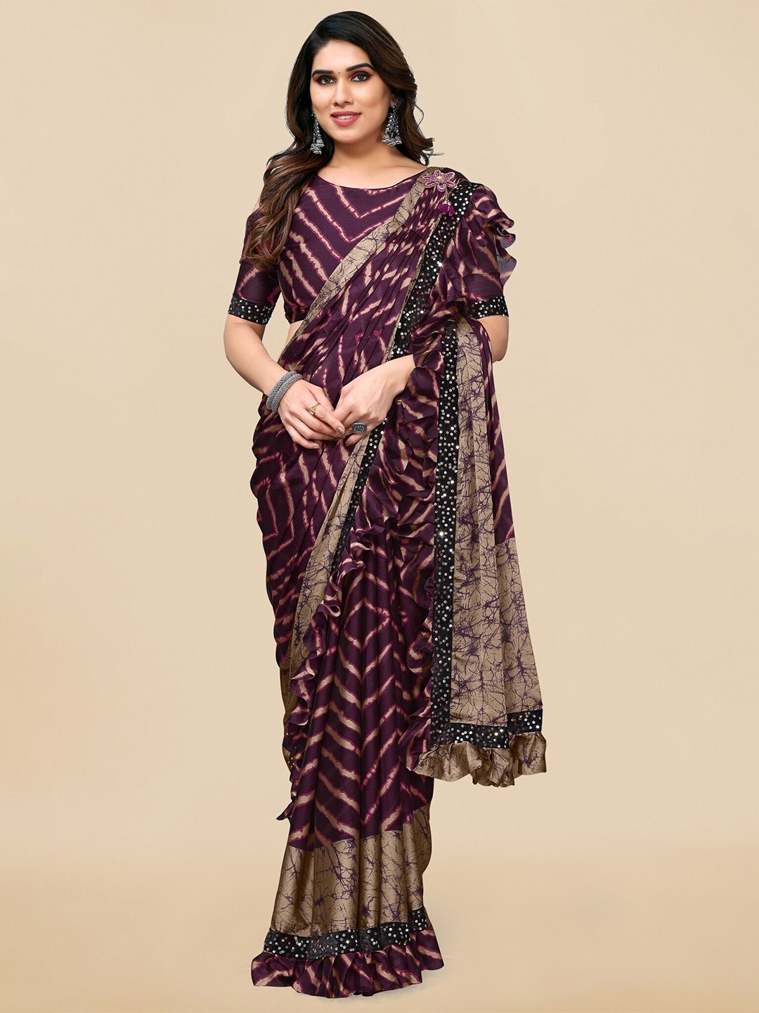 

MIRCHI FASHION Printed Sequinned Chiffon Ruffle Leheriya Saree, Purple