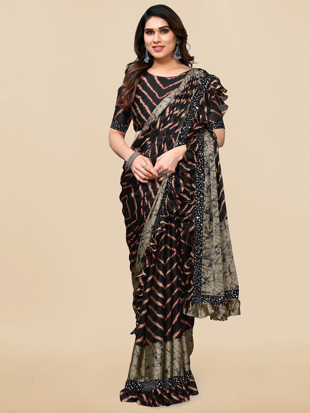 

MIRCHI FASHION Sequinned Leheriya Ruffled Saree, Black