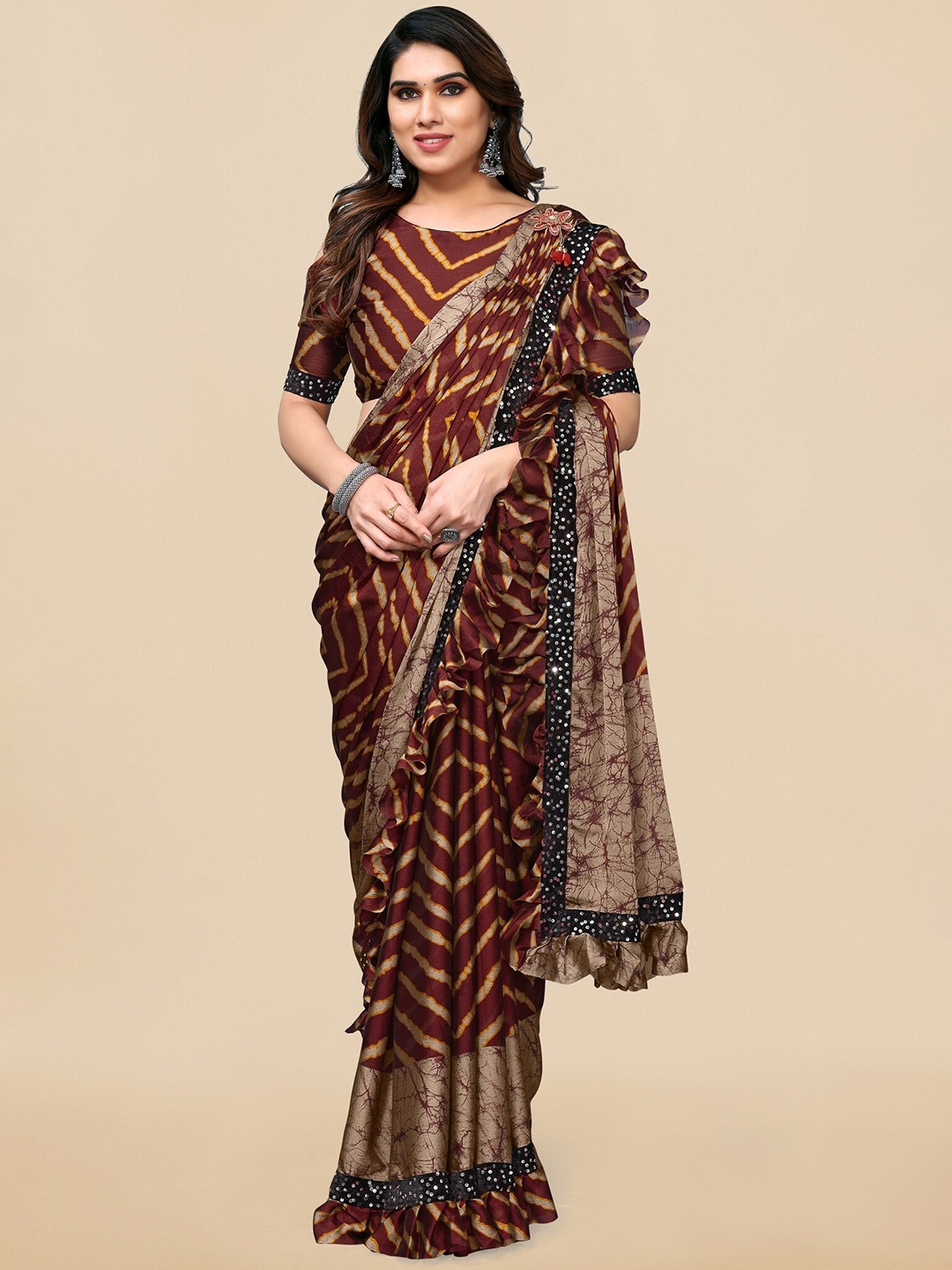 

MIRCHI FASHION Abstract Printed Sequinned Saree, Maroon