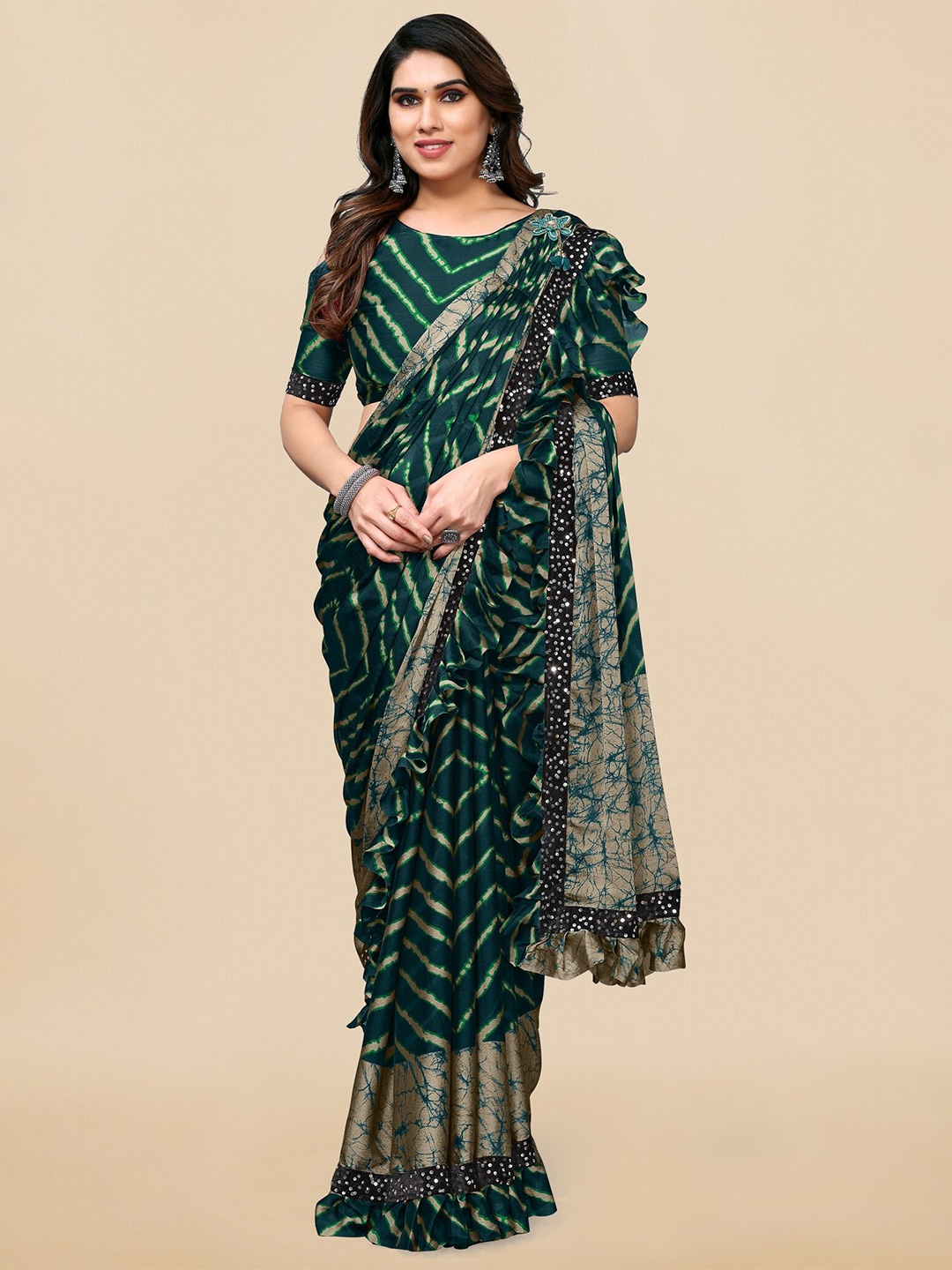 

MIRCHI FASHION Teal Leheriya Printed Sequinned Detailed Ruffles Saree