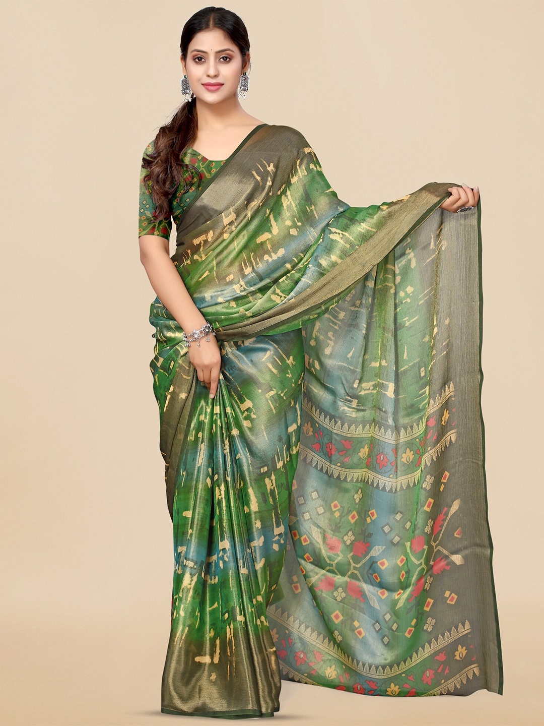 

MIRCHI FASHION Abstract Printed Zari Brasso Saree, Green